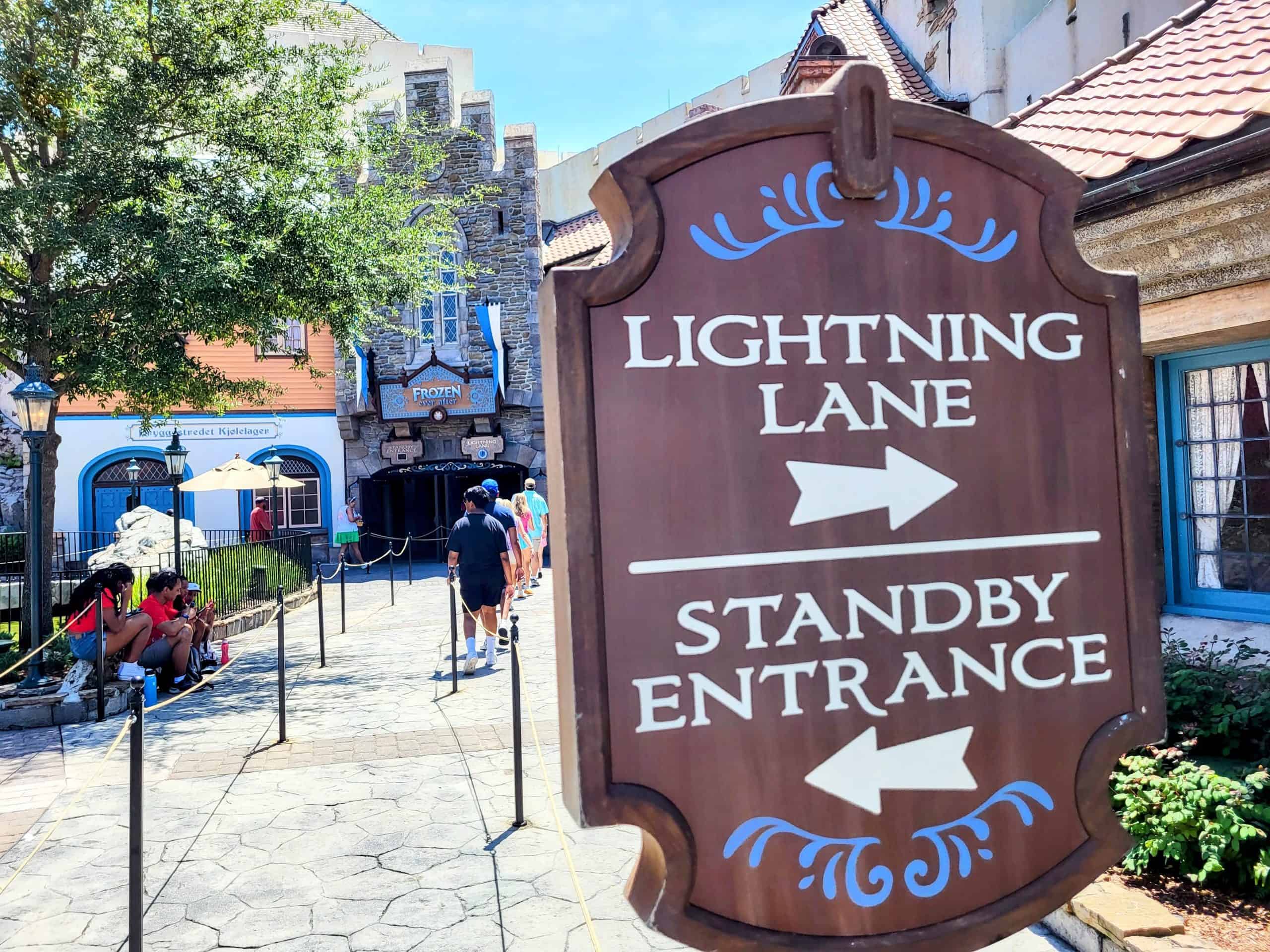 Lightning Lane sign outside of Frozen Ever After at EPCOT