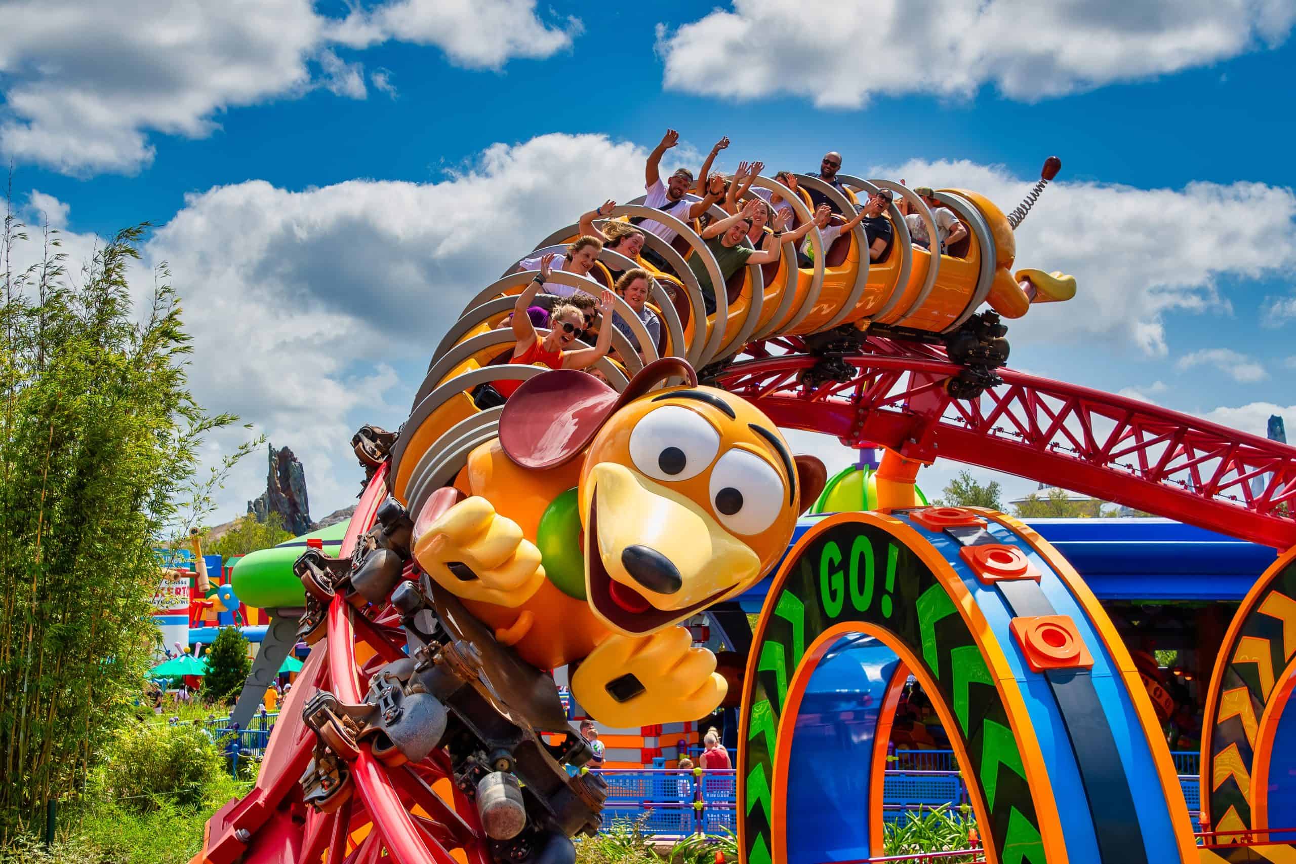 People happy and riding Slinky Dog Dash at Diney's Hollywood Studios
