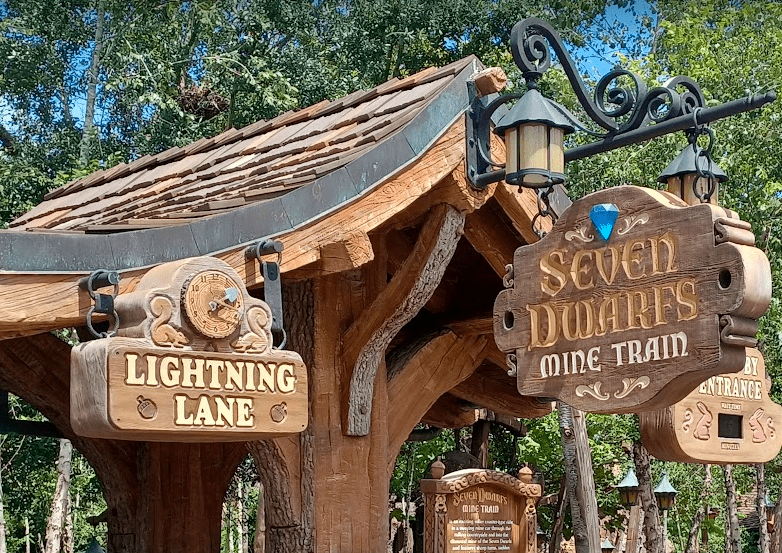 Lightning Lane sign at Seven Dwarfs Mine Train