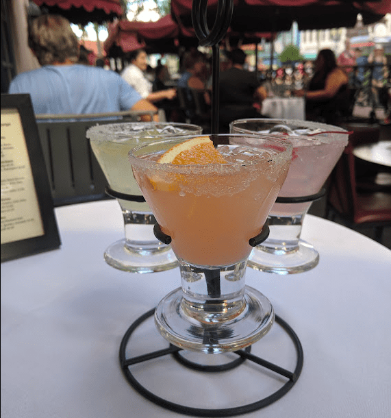 A flight of three different flavored margaritas at Disney World, from the Hollywood Brown Derby Lounge