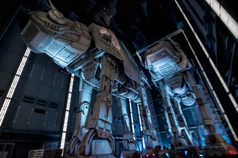 Bottom-up view of the AT-ATs from Hollywood Studios’ Rise of the Resistance Star Wars attraction