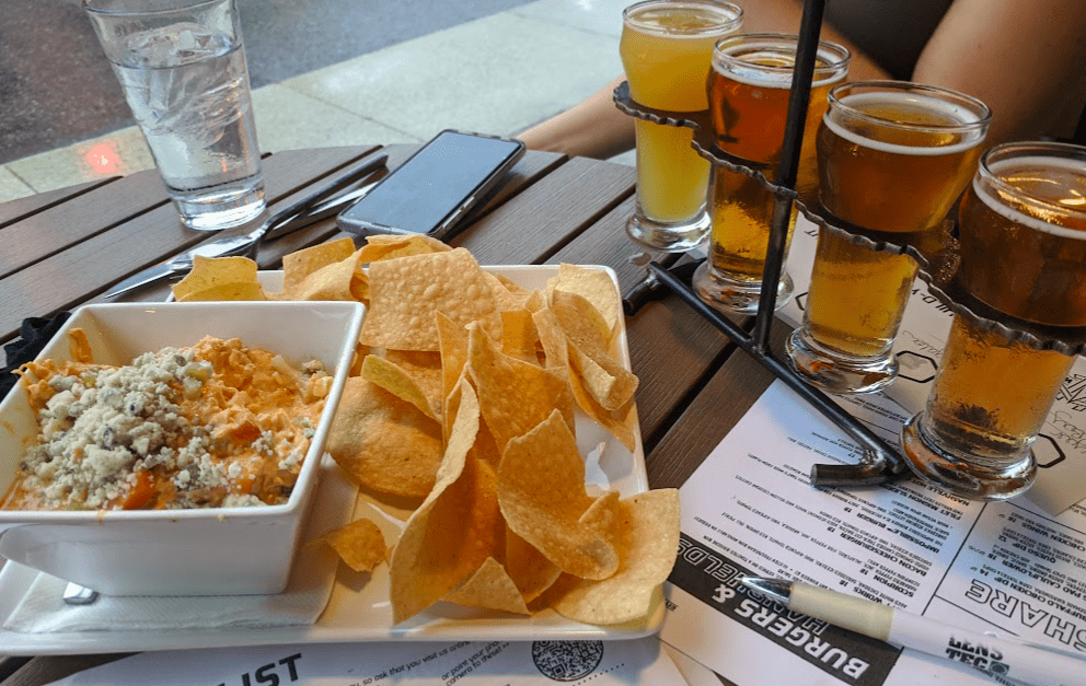 Buffalo chicken dip and beer flight from City Works at Disney Springs in Orlando.