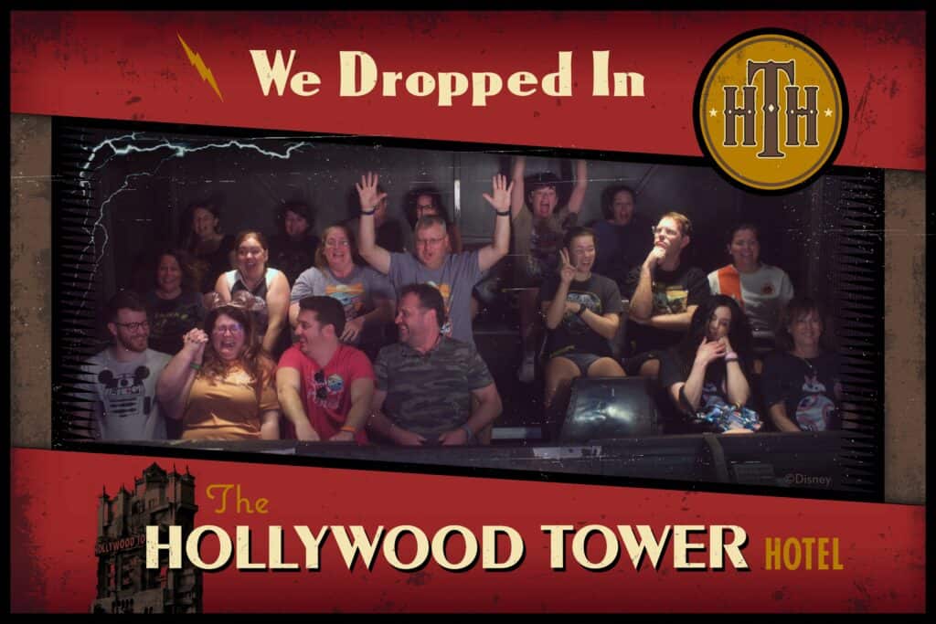 Ride photo taken of a full elevator car mid-drop on the Tower of Terror at Hollywood Studios. There are a wide variety of facial expressions on all the guests.