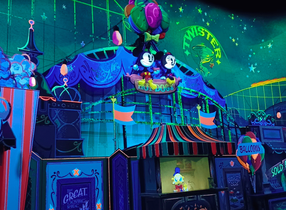Carnival scene from Mickey and Minnie's Runaway Railway at Hollywood Studios, Disney World.