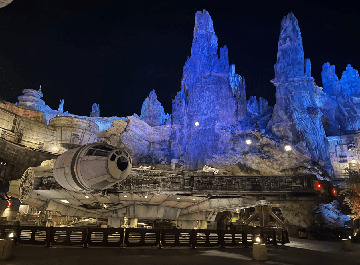 A nighttime photo of the Millennium Falcon at Hollywood Studios with no crowds.