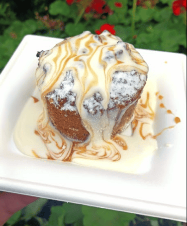 Caramel drizzle and sweet icing top a warm Pretzel Bread Pudding from Sommerfest in the Germany Pavilion, EPCOT.