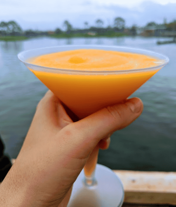 Hand holding an orange slushy drink in a martini glass in front of a lake.