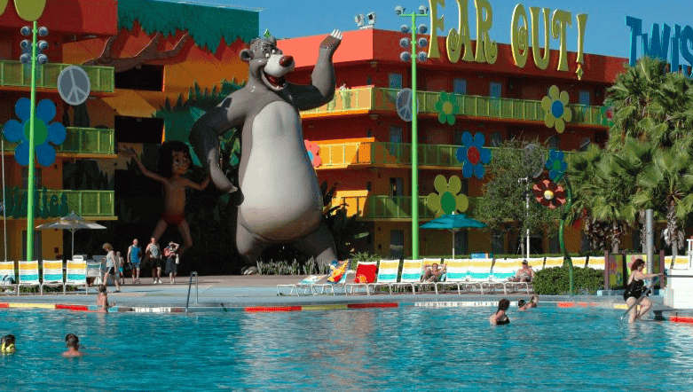 A view of the pool with Mowgli and Baloo in background at the Pop Century resort at Walt Disney World.