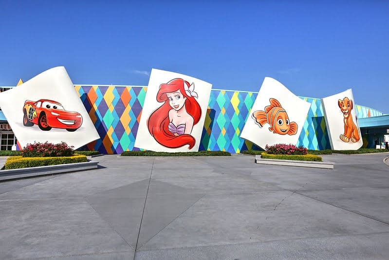 Large animated Disney photos outside of the Art of Animation resort entrance