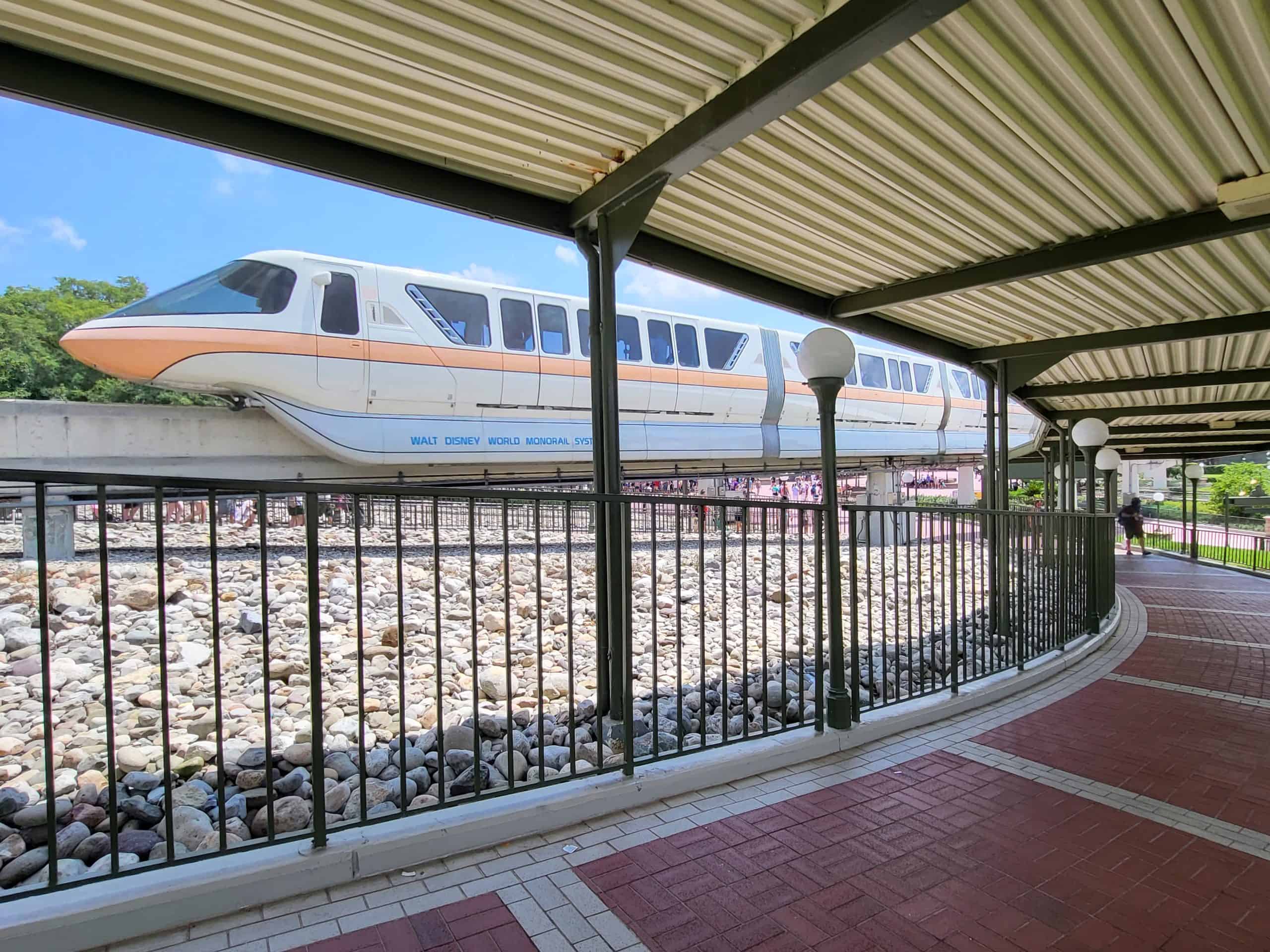 Monorail Peach leaving Disney's Magic Kingdom