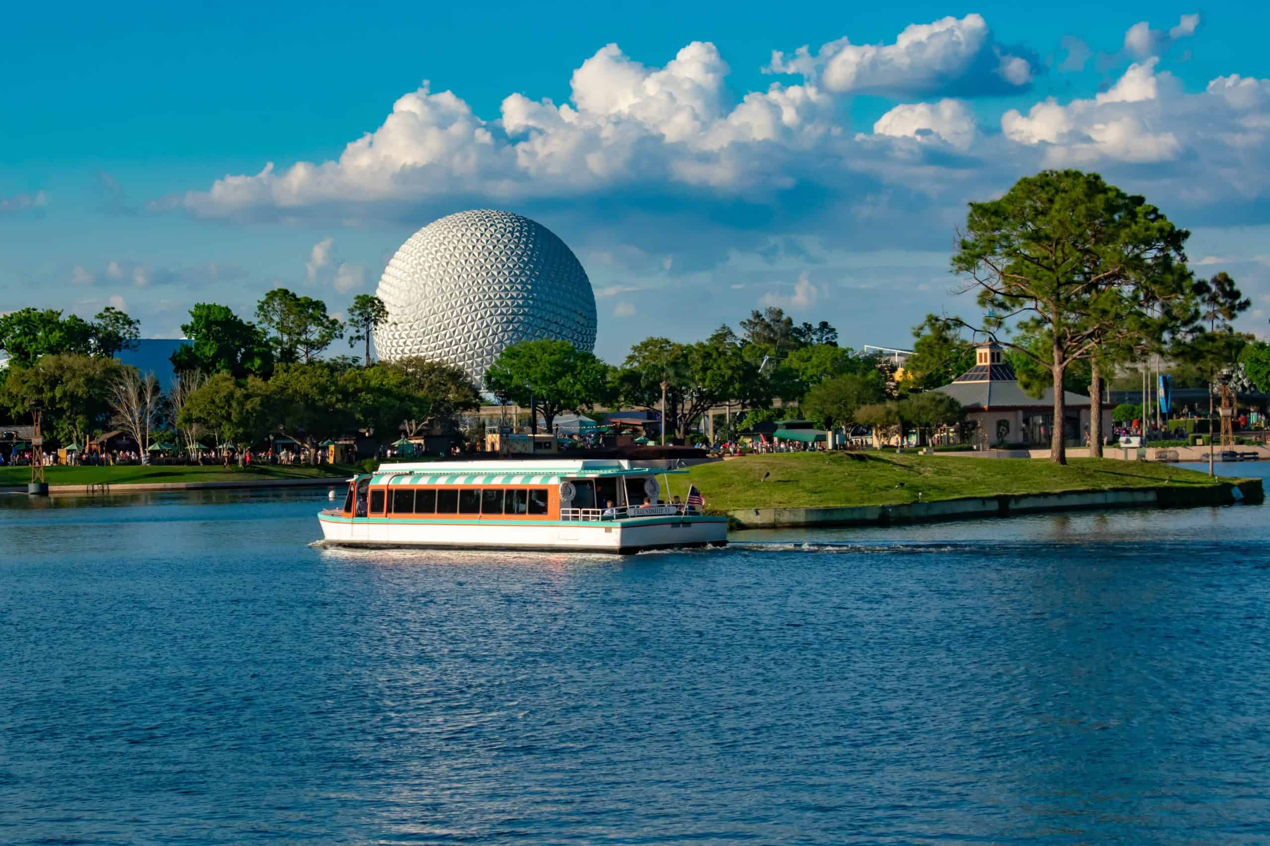 Ferry boat on lake driving to EPCOT at Disney World