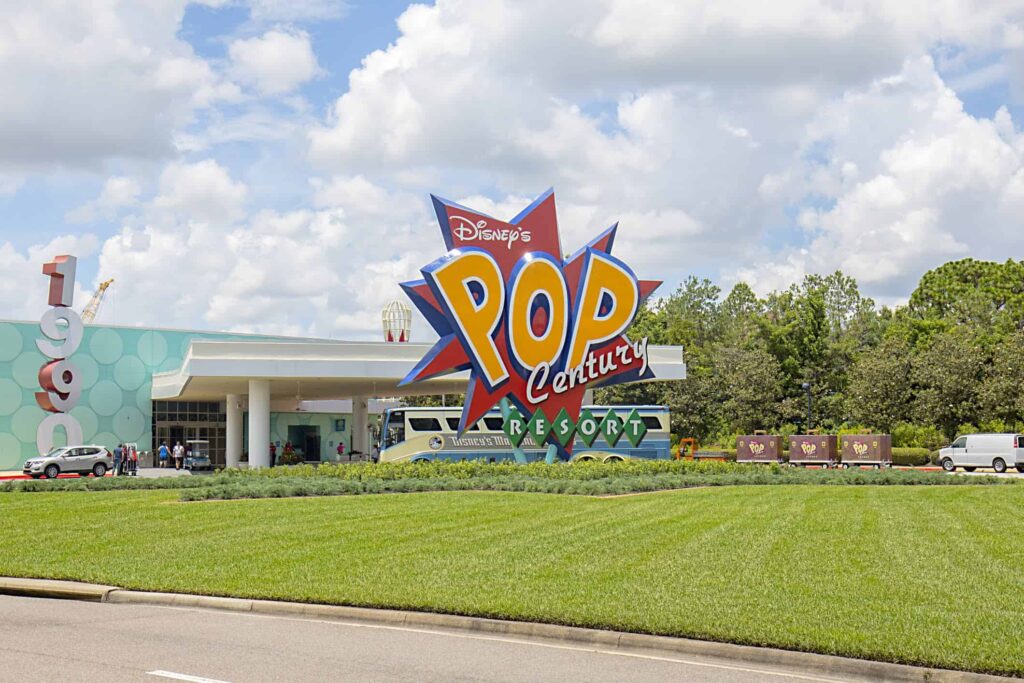 Entrance and sign of Pop Century in Disney World