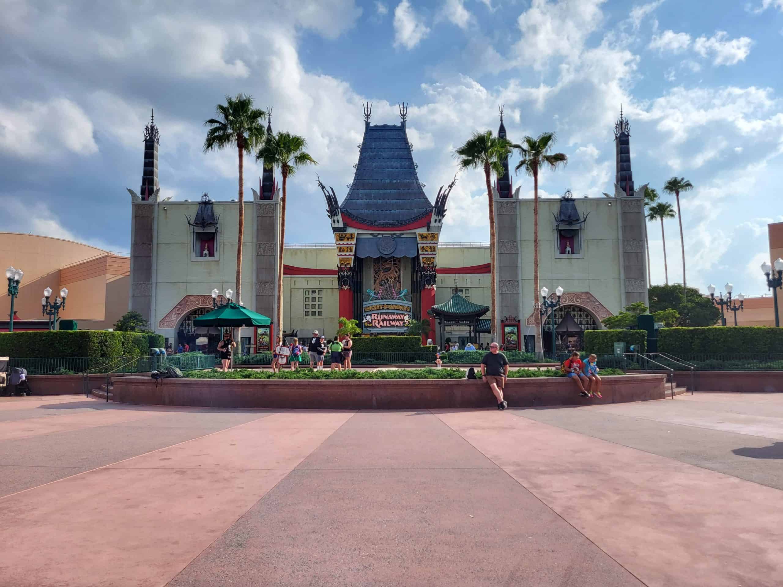 Chinese theater at Hollywood Studios on sunny day with clouds