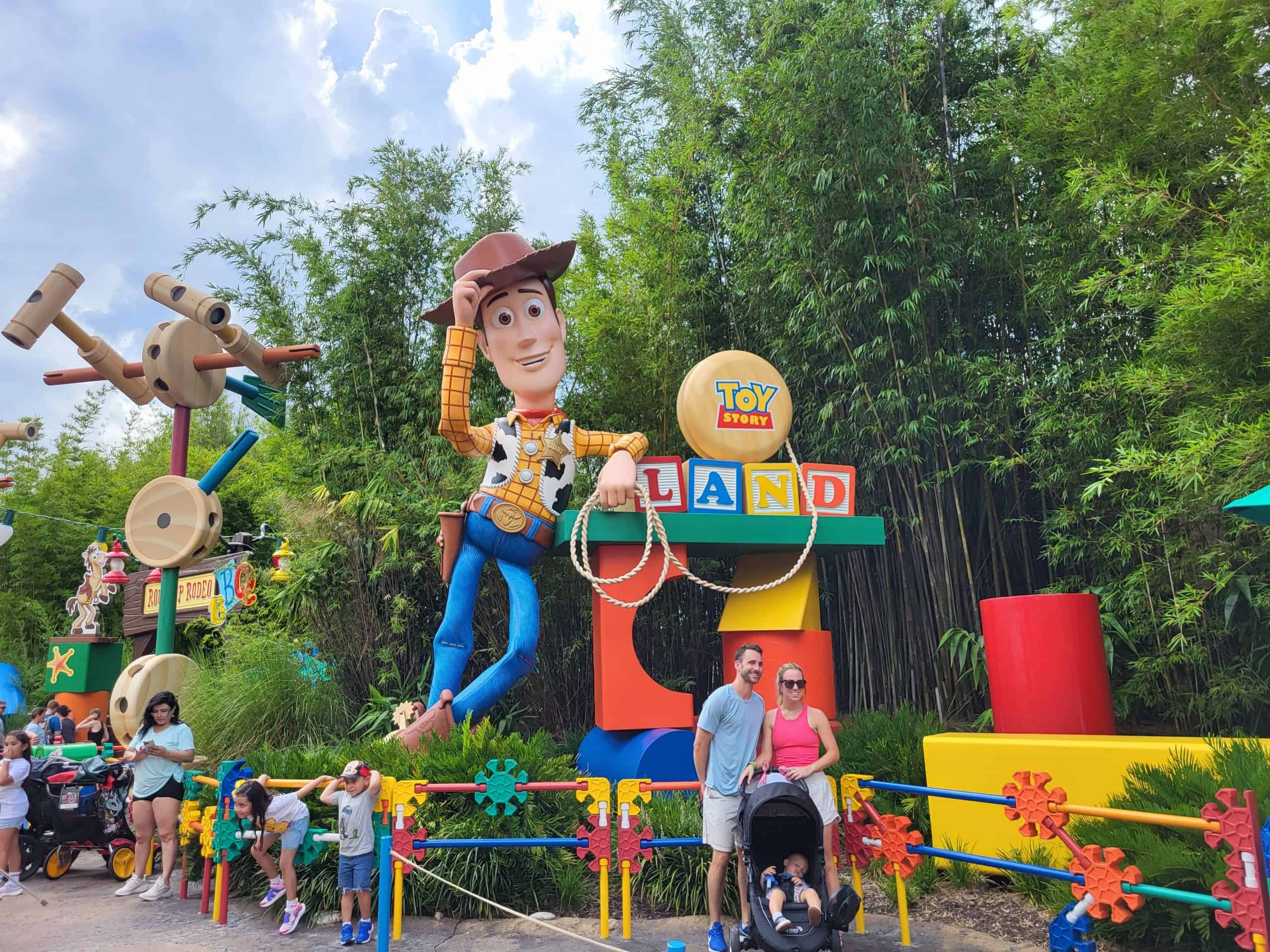 Giant Woody statue at Toy Story Land entrance