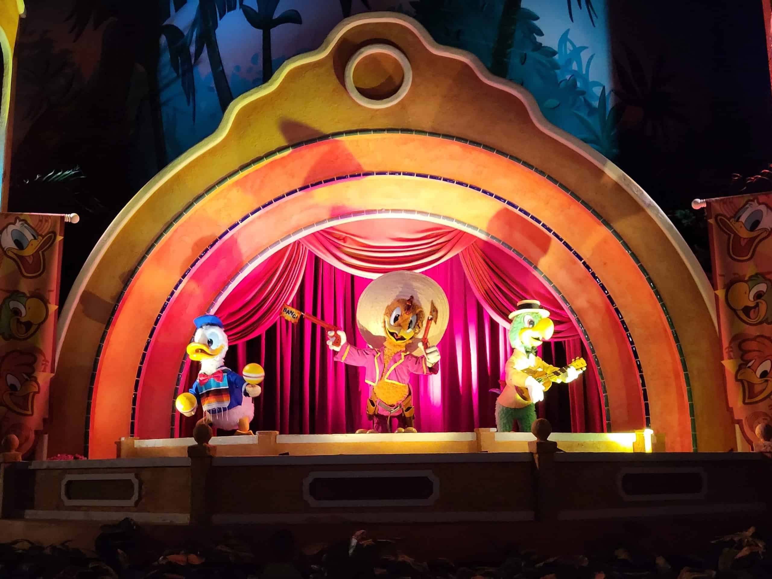 The three amigos characters in Gran Fiesta Tour at EPCOT