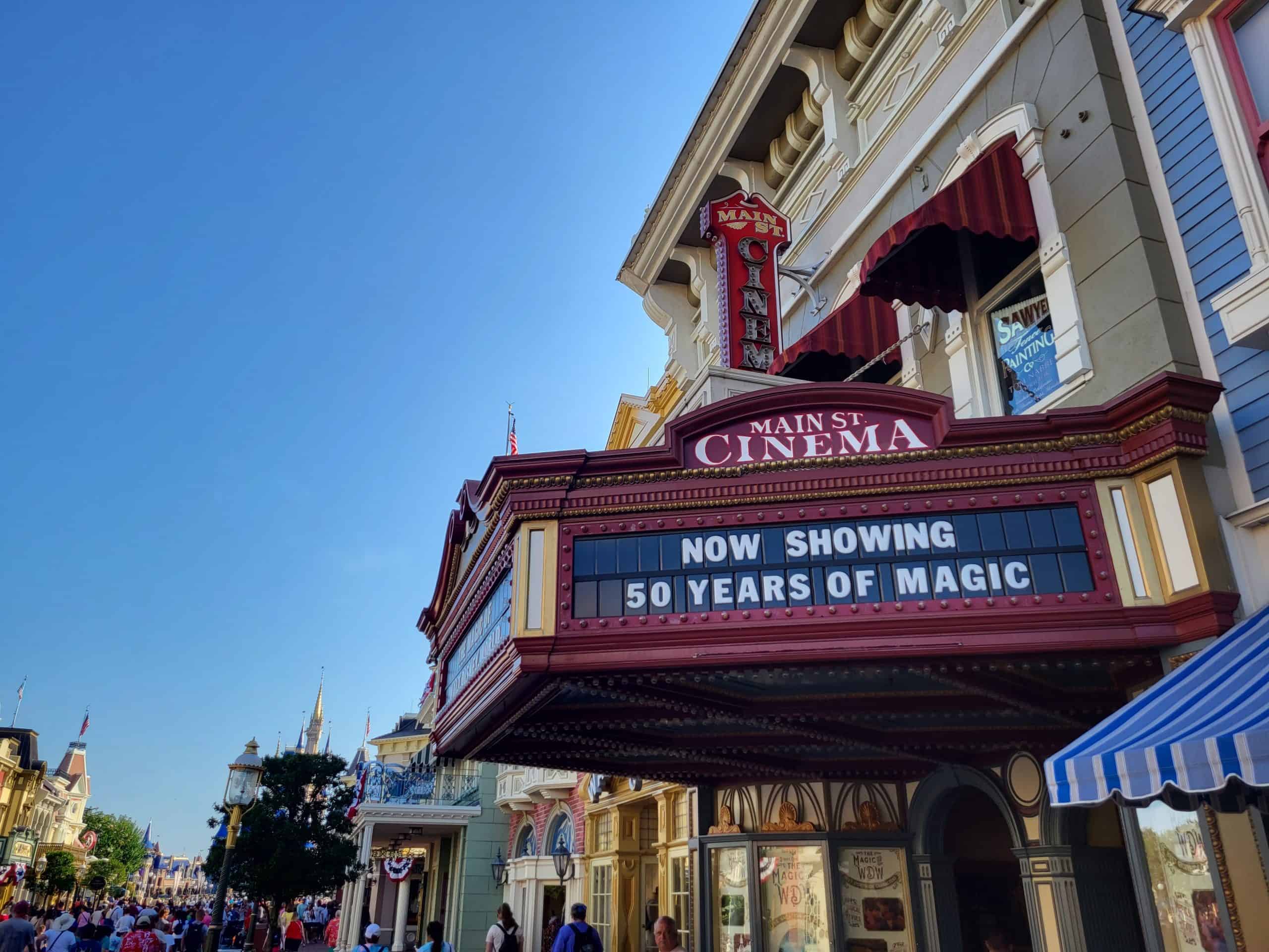 Sign showing the Main Street Cinema reading Now Showing 50 years of Magic