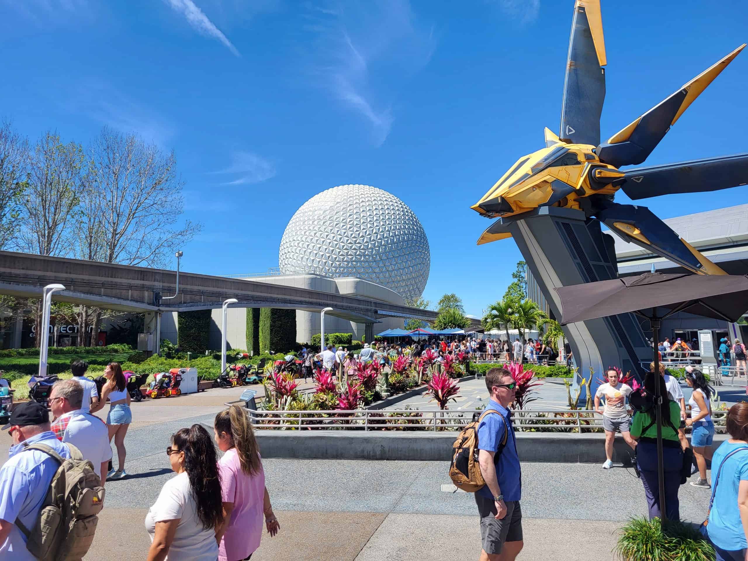 Photo of EPCOT ball behind Guardians of the Galaxy ride
