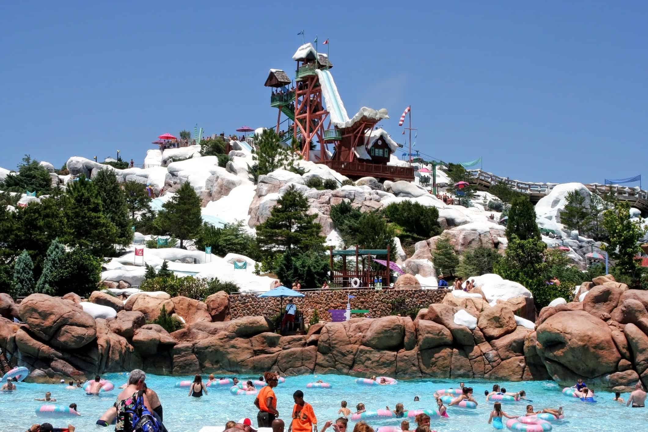 Summit Plummet slide and wave pool on a sunny day at Blizzard Beach