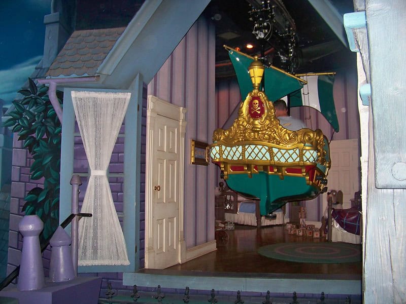Boat vehicle in the air during scene of Peter Pan's Flight