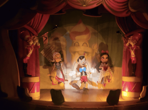 Scene of puppets from Pinocchio's Daring Journey Disneyland