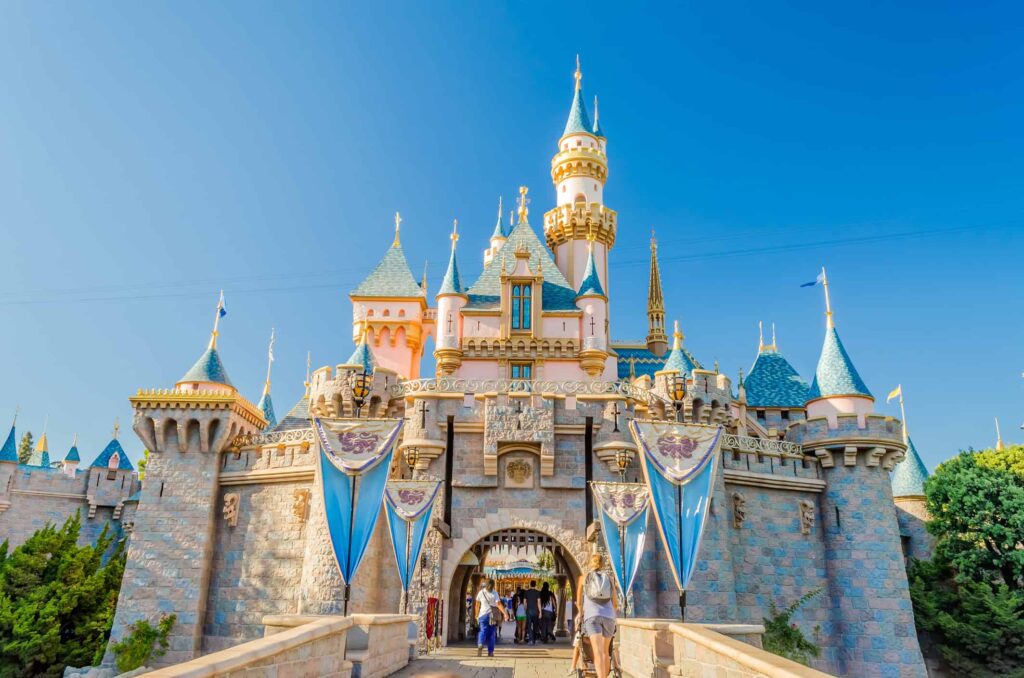 Sleeping Beauty Castle at Disneyland with blue sky in background