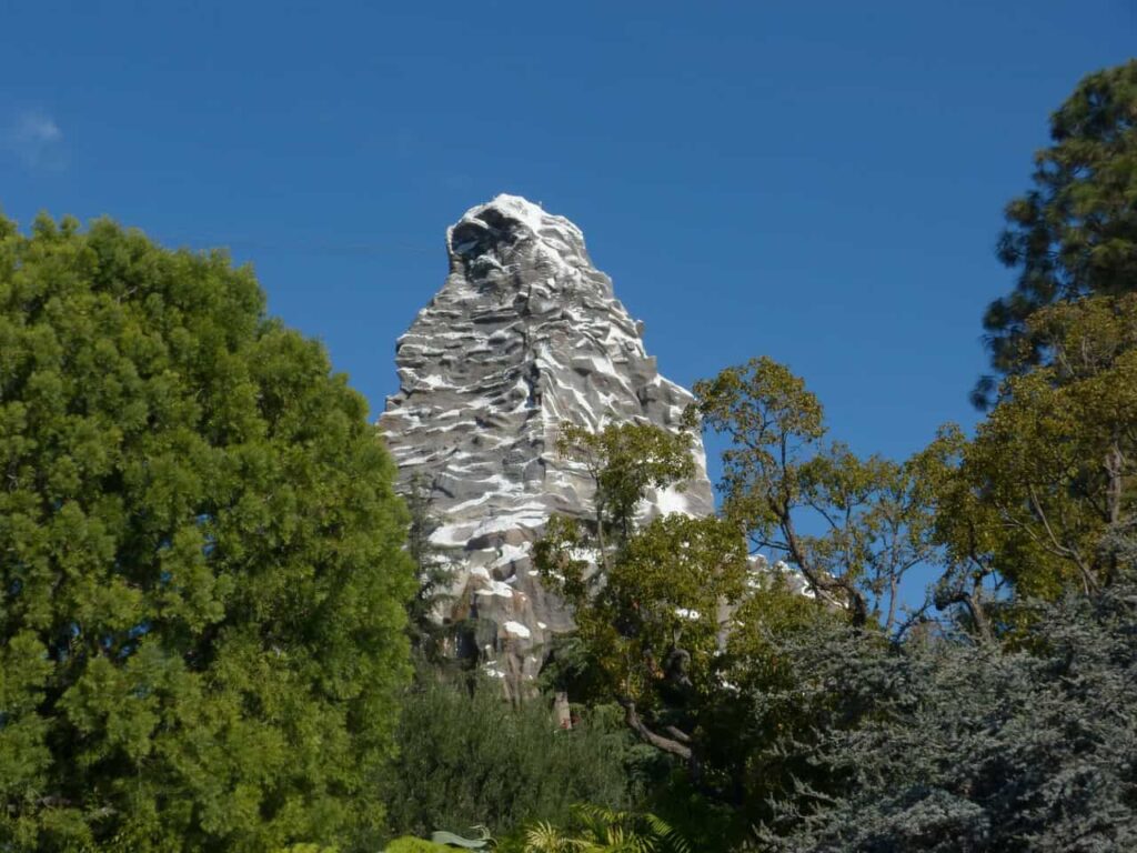 matterhorn bobsled ride at Disneyland with trees