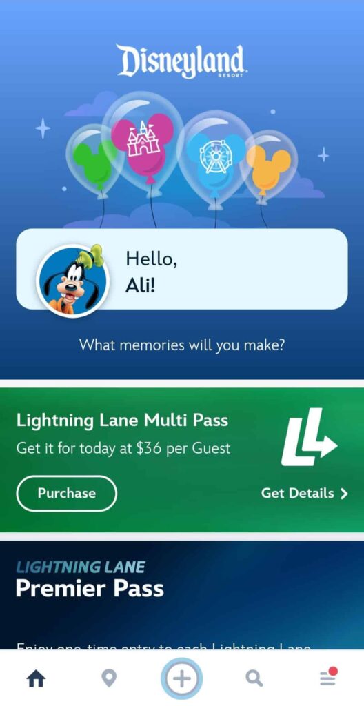 Screenshot of Disneyland app showing the Lightning Lane Multi Pass available to purchase