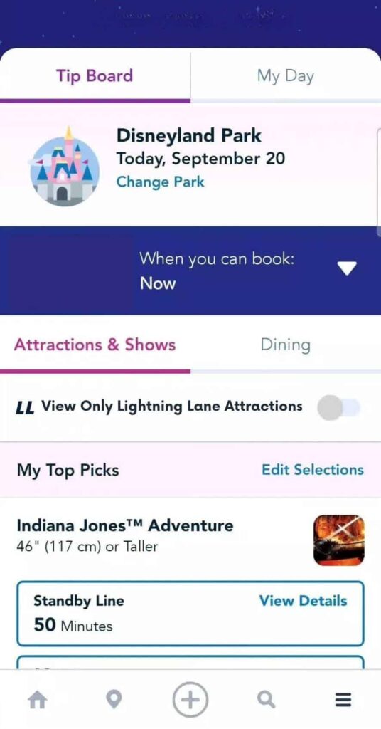 Screenshot of Indiana Jones pinned to Tip Board Disneyland app
