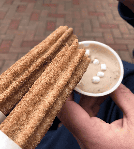 Holiday churros with chocolate sauce and marshmallows from Disneyland